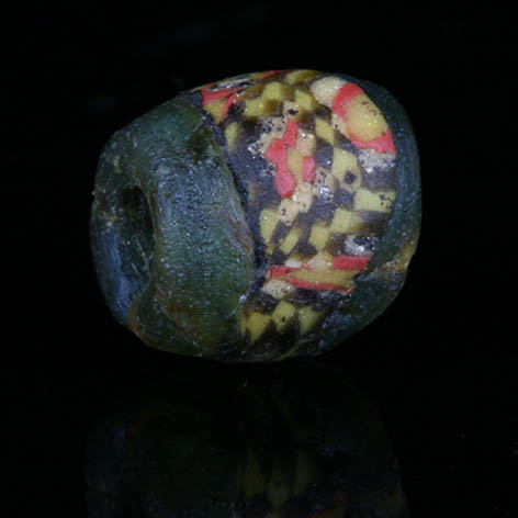 Medieval glass bead with micro-mosaic checkerboard band